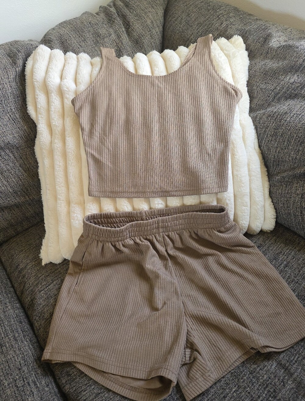 Ribbed Tank Top & Shorts Lounge Set - Taupe